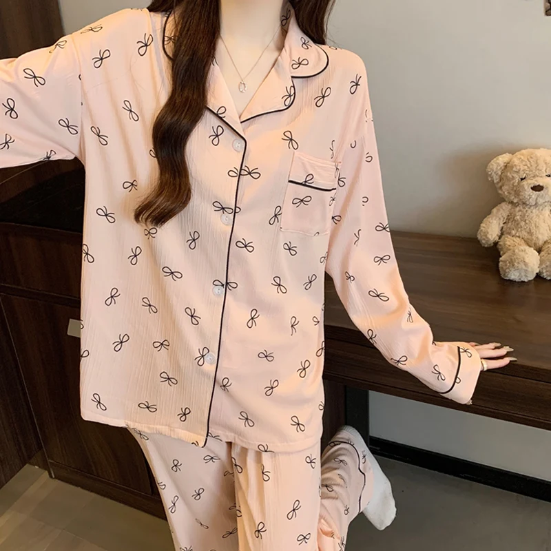 الوردي ربطة القوس فيونكة الحب طباعة منامة للنساء كم طويل بلوزات ومرونة الخصر السراويل منامة مجموعة Harajuku نمط ملابس منزلية جديدة غير رسمية