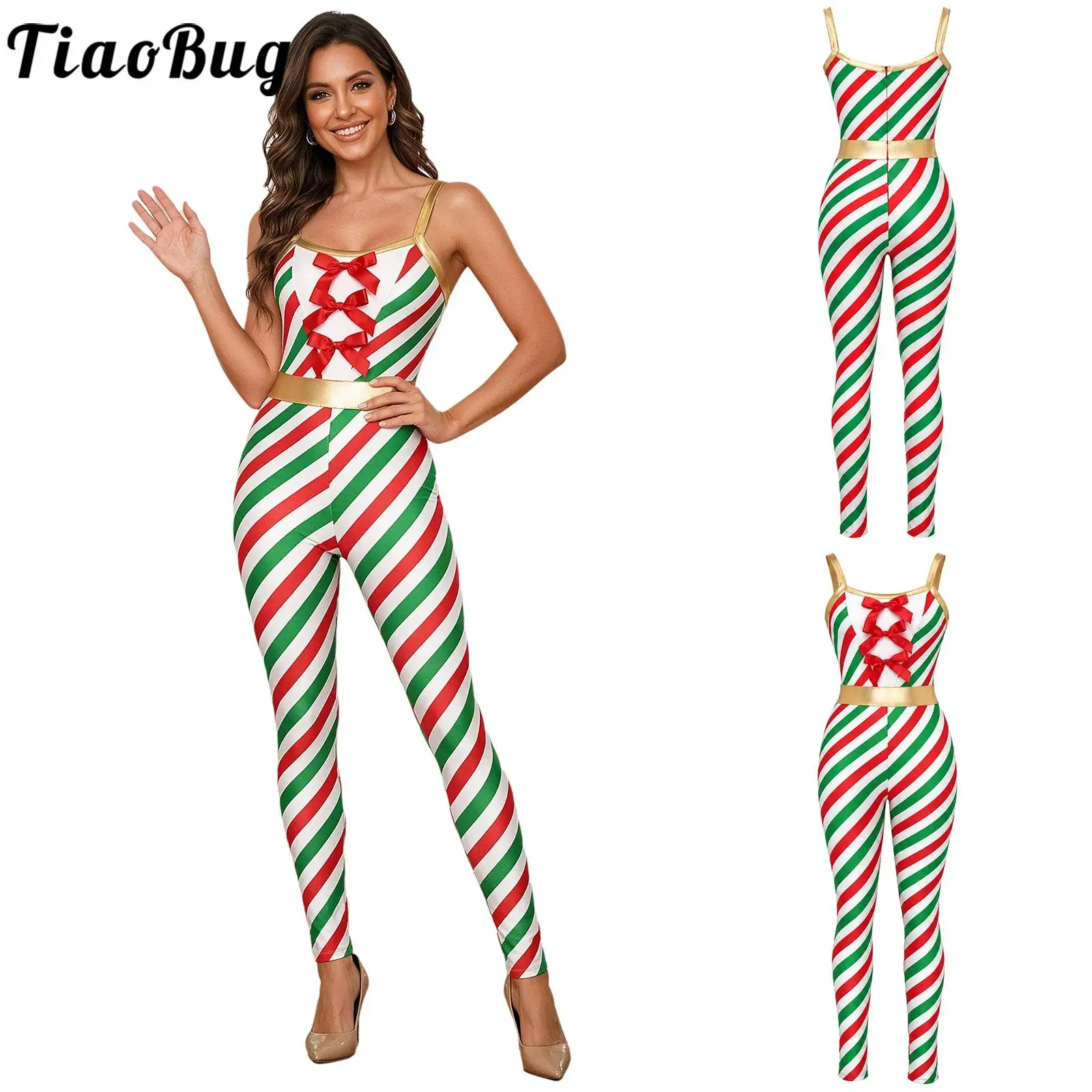 Mono de cosplay con estampado de rayas y motivos de bastones de caramelo para mujer, ideal para fiestas de Navidad, bailes de ballet, sin mangas, con lazo, de una sola pieza, para fiestas rave, Navidad y Año Nuevo.