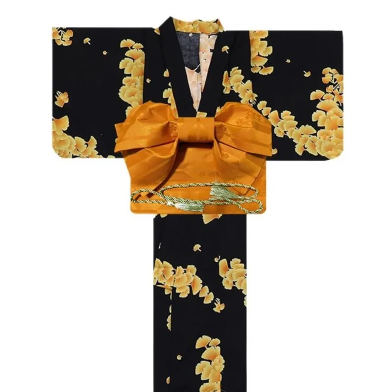 Black Japanese Style Girl Kimono Bathrobe Formal Wear Female Improved Halloween Props Costume