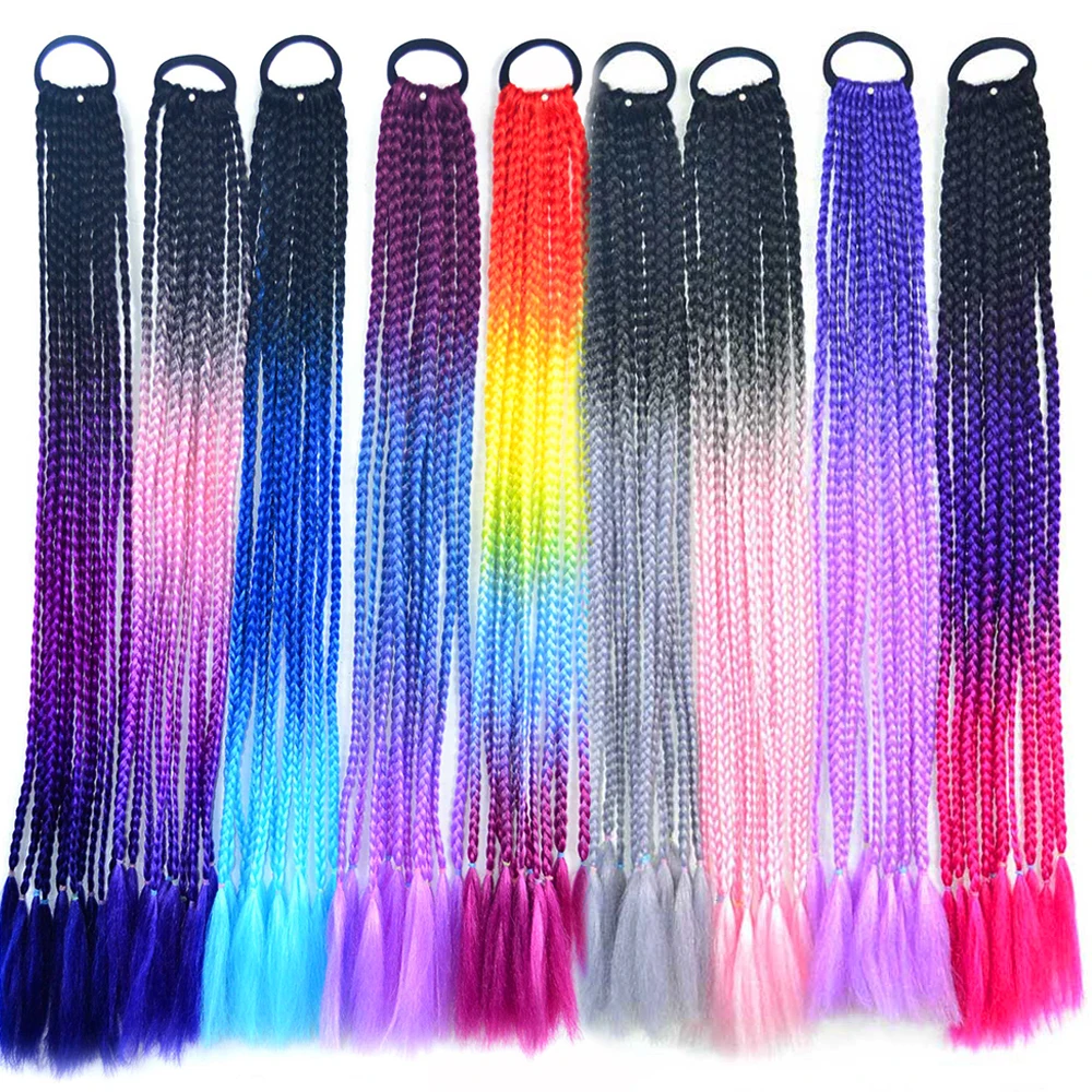 Girls Fake Overhead Braid Ponytail Hair Wig Rainbow Ornaments With Elastic Bands Head Wear Straight Kids Braid Pigtail Hairpiece