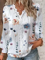 2024 Women Shirts Autumn Fashion Elegant Long Sleeve Print Office Lady Top White Women Ruffled Hollow Out Blouse Female Clothing