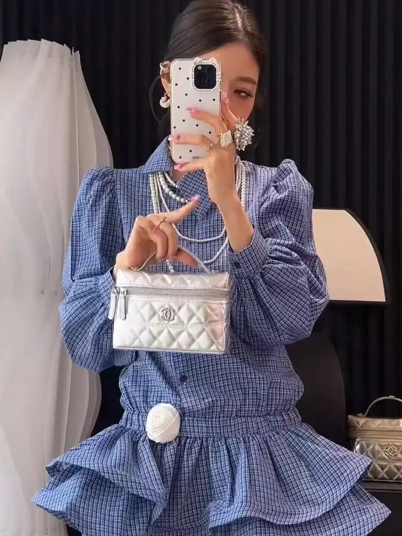 Vestido Xadrez Plus Size de Manga Longa com Gola Dobrável, Cintura Alta e Caimento Justo, Estilo Jovem para Homens e Mulheres...