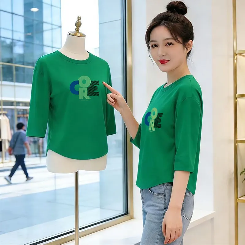 

Loose Fit Women's T-shirt Letter Print Sleeveless Casual Style Green Top Comfortable Polyester Fiber Standard Size