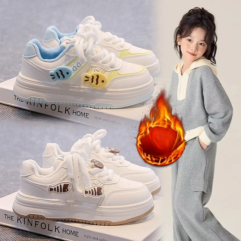 

Children's Padded Sneakers Beige Cartoon Warm Boys Girls Cotton Shoes 3-18 Years Old Blue Fashion Hundred Kids Casual Shoes