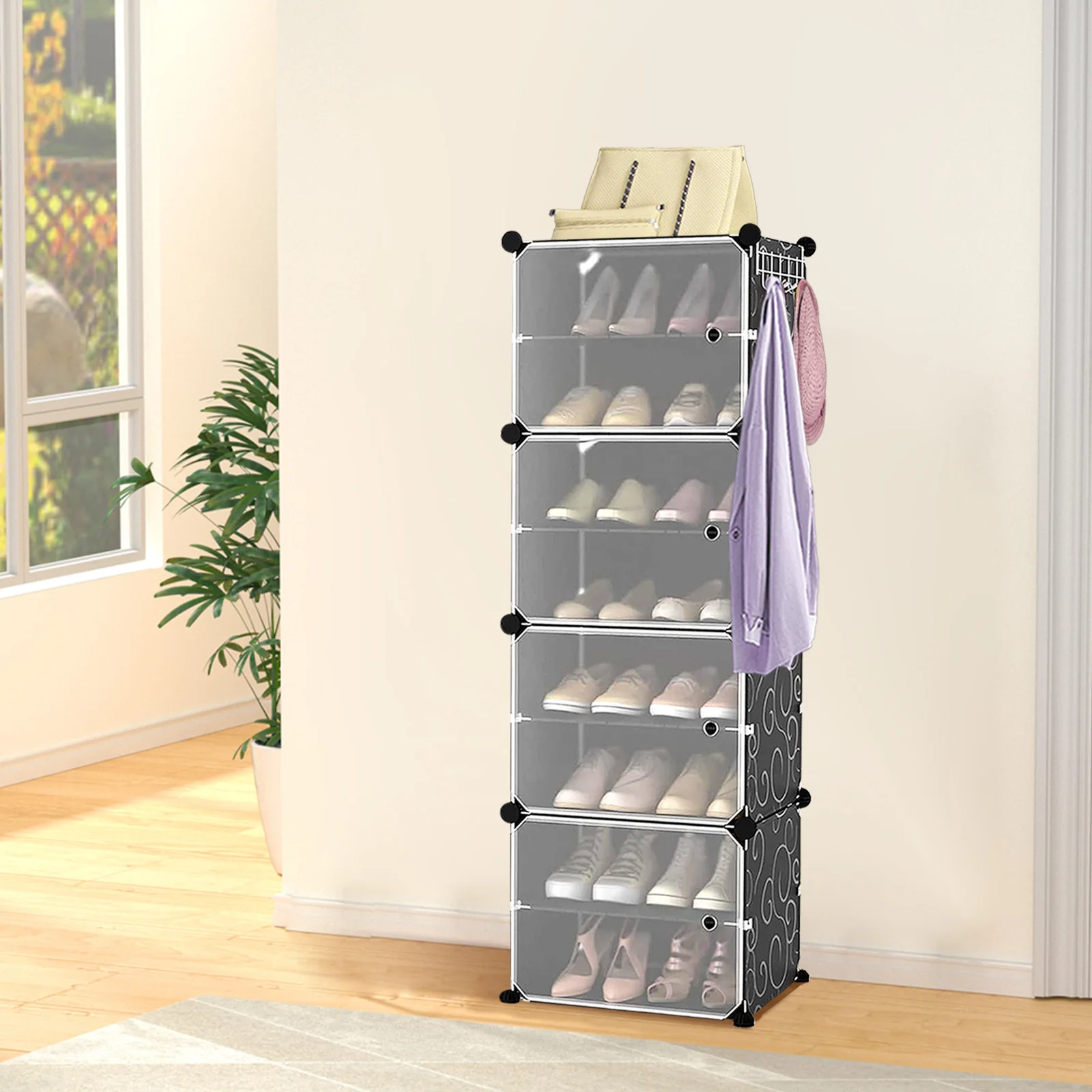Schuhregal mit 8 Fächern, für 18 Paar Schuhe – tragbares Schuhregal, platzsparendes Schuhregal für Kleiderschrank, Eingangsbereich, Schlafzimmer (Schwarz) – Detail 1