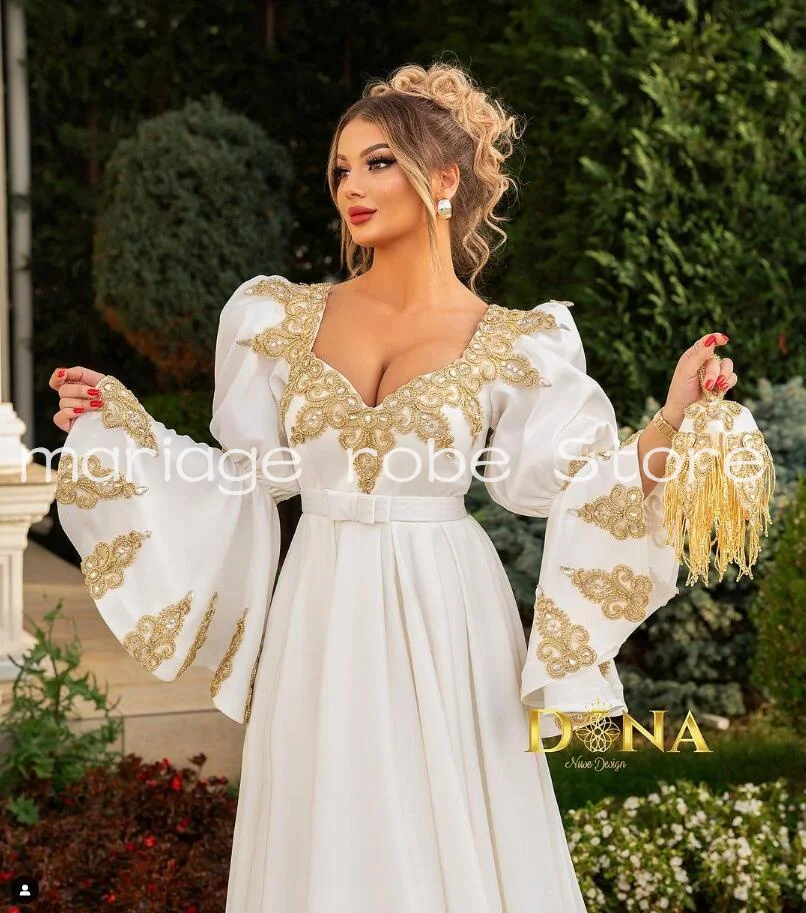 Albanische tradition kleider Prom Dresses for Women Puffy Long Sleeve Gold Applique Beaded Evening Gown فستان سهرة ناعم