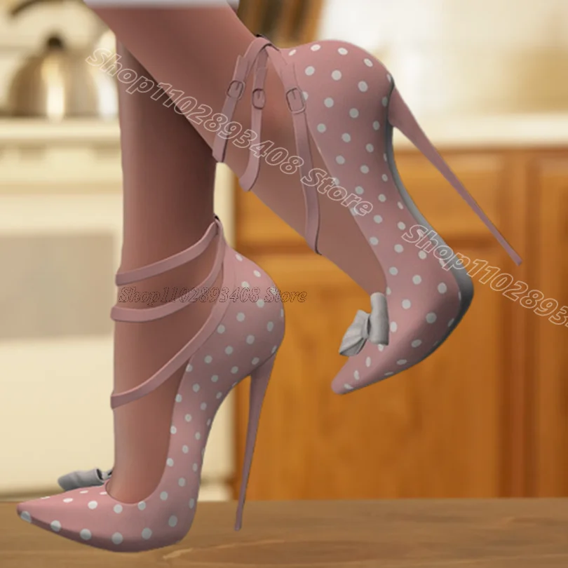 Pink Polka Dot Bowknot Pumps Round Toe Stiletto British Style Women Casual Dress Elegant Spring Sexy Pumps Zapatos Para Mujere