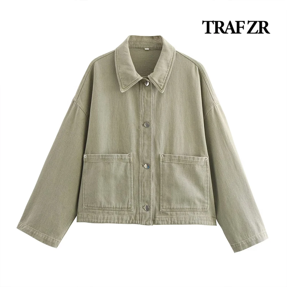 TRAF ZR 2024 Autumn Denim Jacket Women New in Outerwears Turn-down Collar Basic Comfy Jean Overshirt Top Front Metal Button Coat