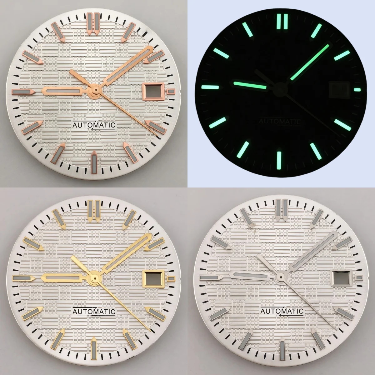 31mm Watch Dial & Hands Set, No Logo, Rose Gold/Silver/Gold Indices, Green Luminous, Watch Parts Compatible with NH35A Movement