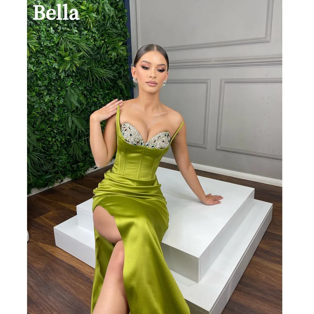 Bella Sexy Green Strapless Prom Dresses Mermaid Side High Split Evening Dress Sequin Crystal Floral Pin vestidos de fiesta 2024