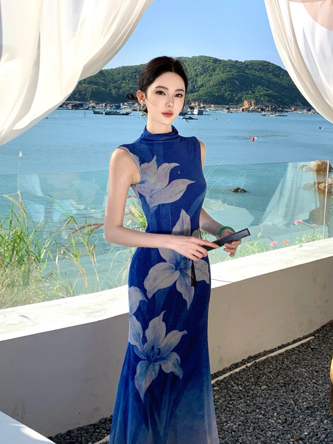 Bleu adient imprimé Fi Tail Qipao Dr Ele haut de gamme ajustement et jupe longue évasée Sle femmes été Faion respirant moi