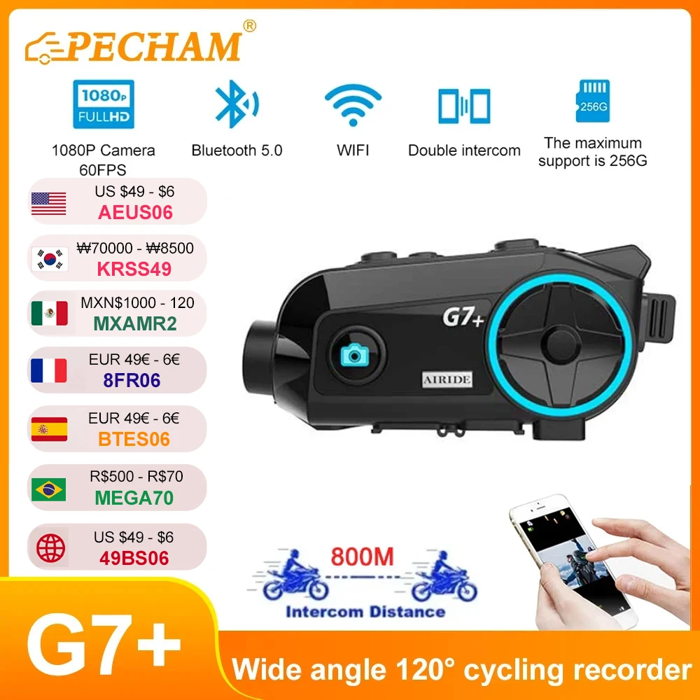 

G7+ 5.0 Bluetooth Motorcycle Helmet Intercom 2 Riders 1080P Camera Motorcycle Wireless Bluetooth Headset FM Radio Waterproof