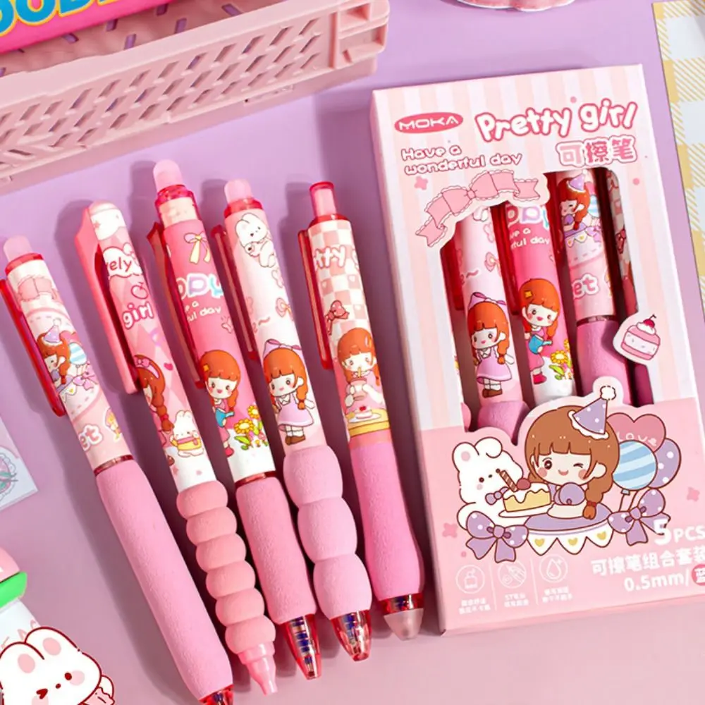 

5pcs Cartoon Blue Ink Erasable Pens 0.5mm Aesthetic Erasable Gel Pen Cute INS Neutral Pen Writing Supplies