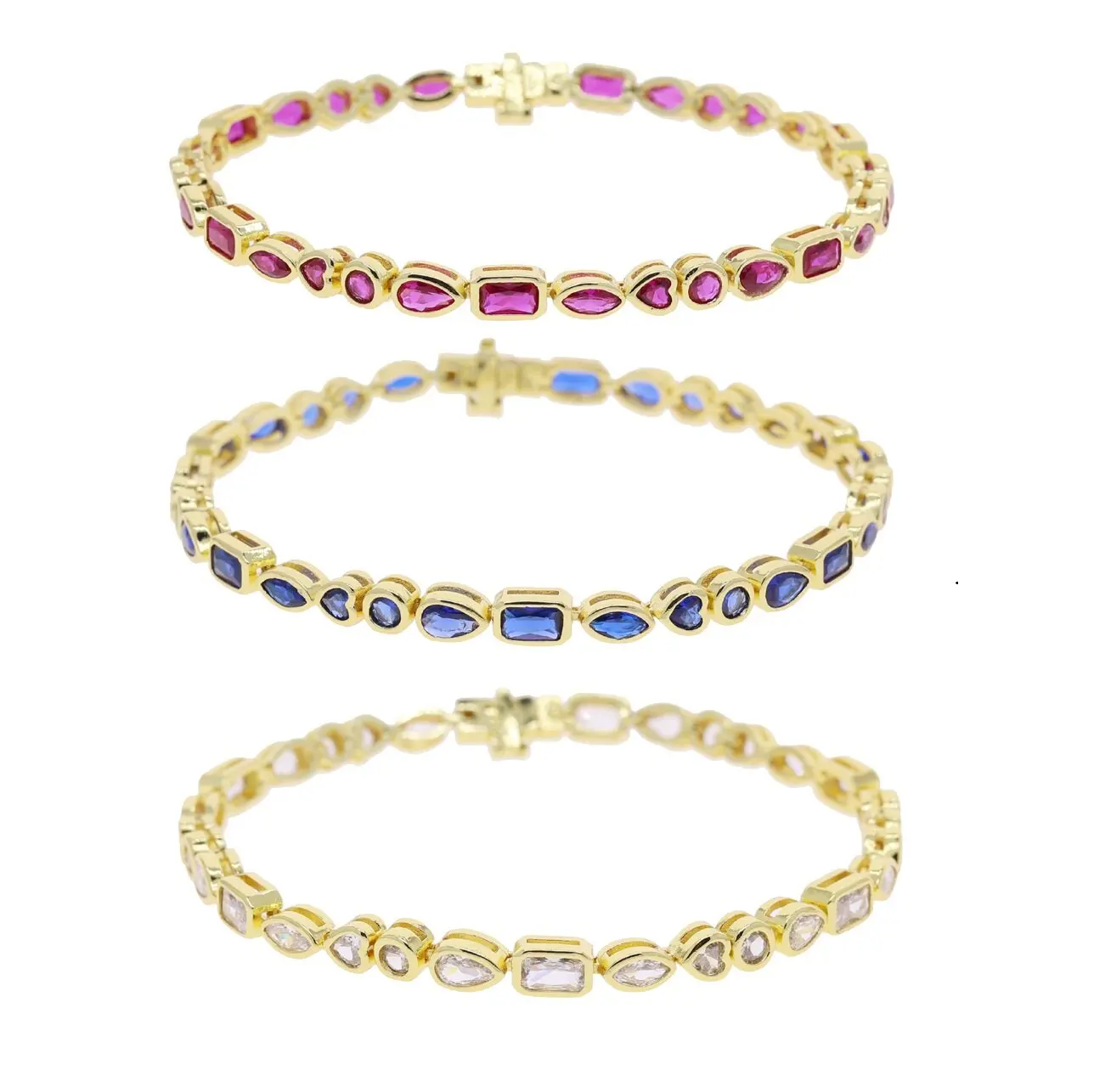 Blue Red White 3 Color Geometric Various Shaped Bezel Cubic Zirconia CZ Tennis Bracelet Gold Color Jewelry