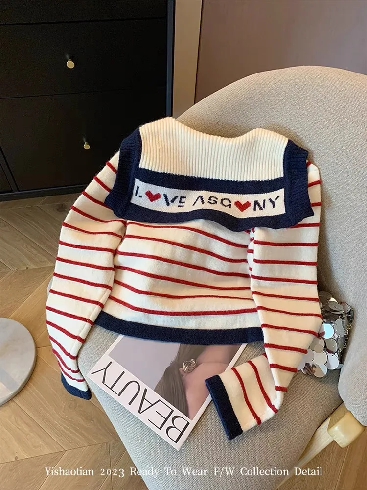 

Women Pink Striped Sailor Collar Cardigan Japanese Sweater Harajuku Vintage Y2k Long Sleeves Knitted Sweaters 2000s Clothes 2025