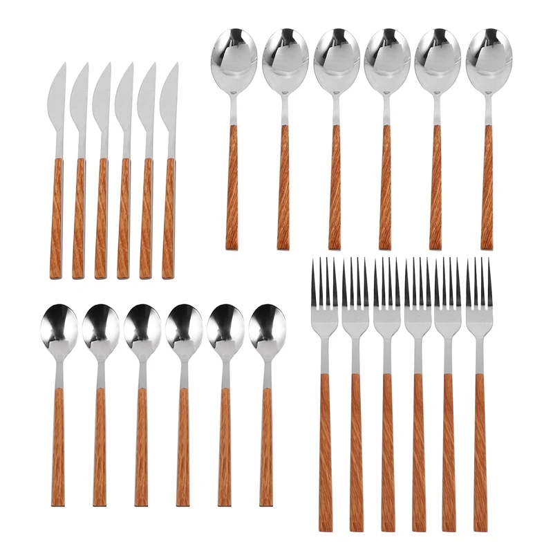 

24Pcs 304 Stainless Steel Tableware Set Glossy Wood Silver Dinnerware Sets Western Food Knife Fork Teaspoon Cutleries