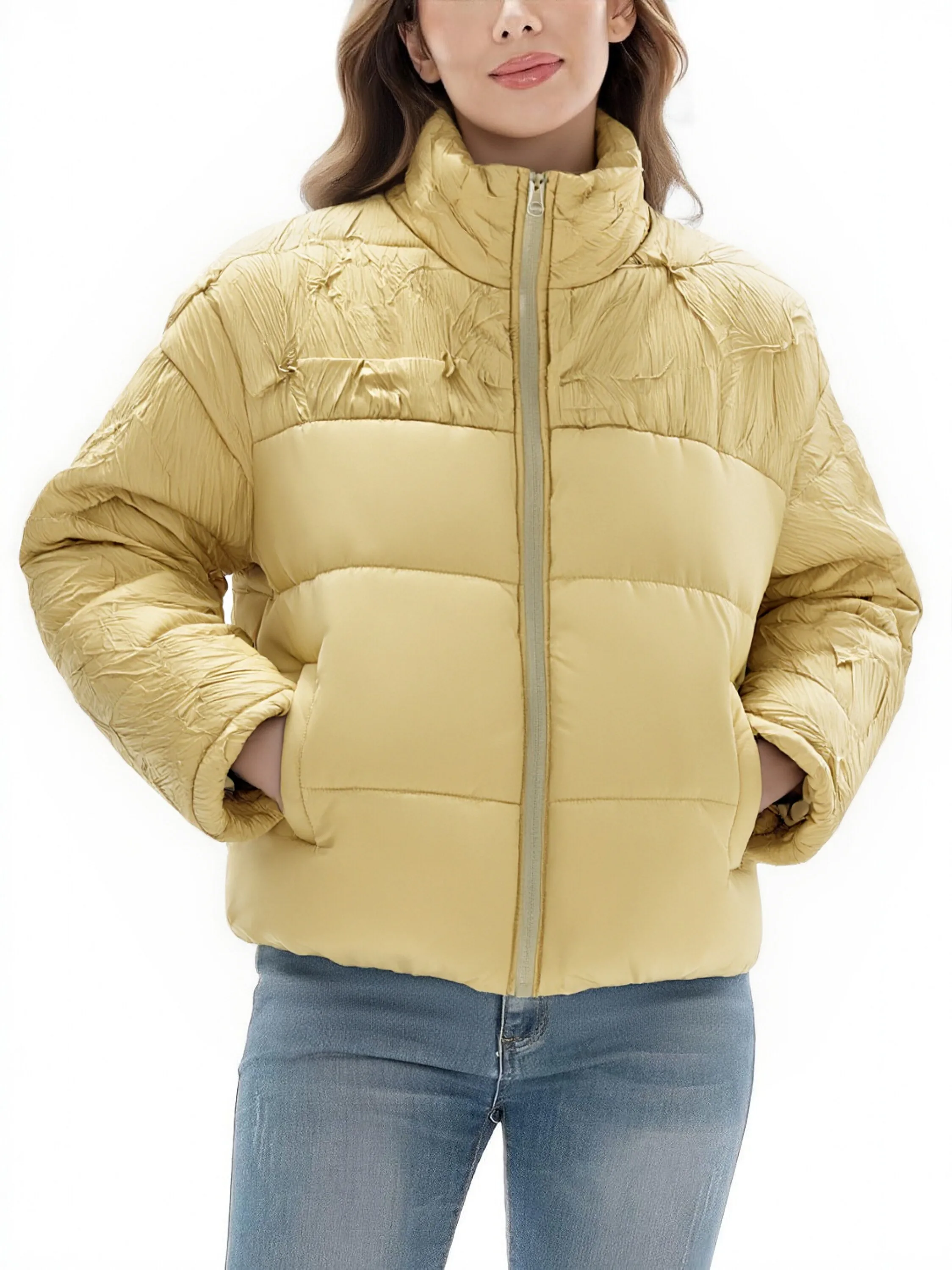 

YUDX однотонная женская хлопковая куртка с воротником-стойкой и длинными рукавами, дизайнерская молния, сто тонких утолщенных курток, плиссированный топ, новинка зимы 2023 г.