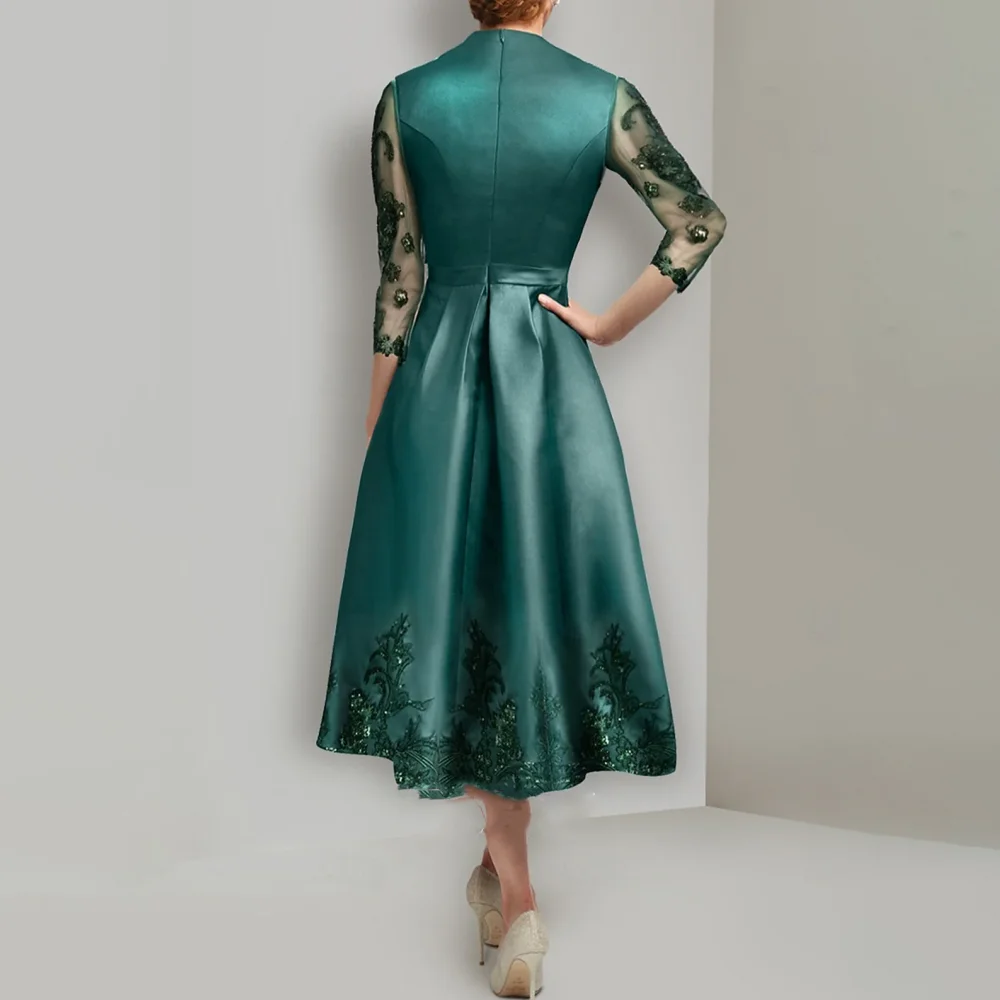 Customized Teal Appliques V-Neck Mother Of Bride Dresses, 3/4 Sleeves Sheer Lace Sequined Satin A Line Midi Wedding Evening Gown