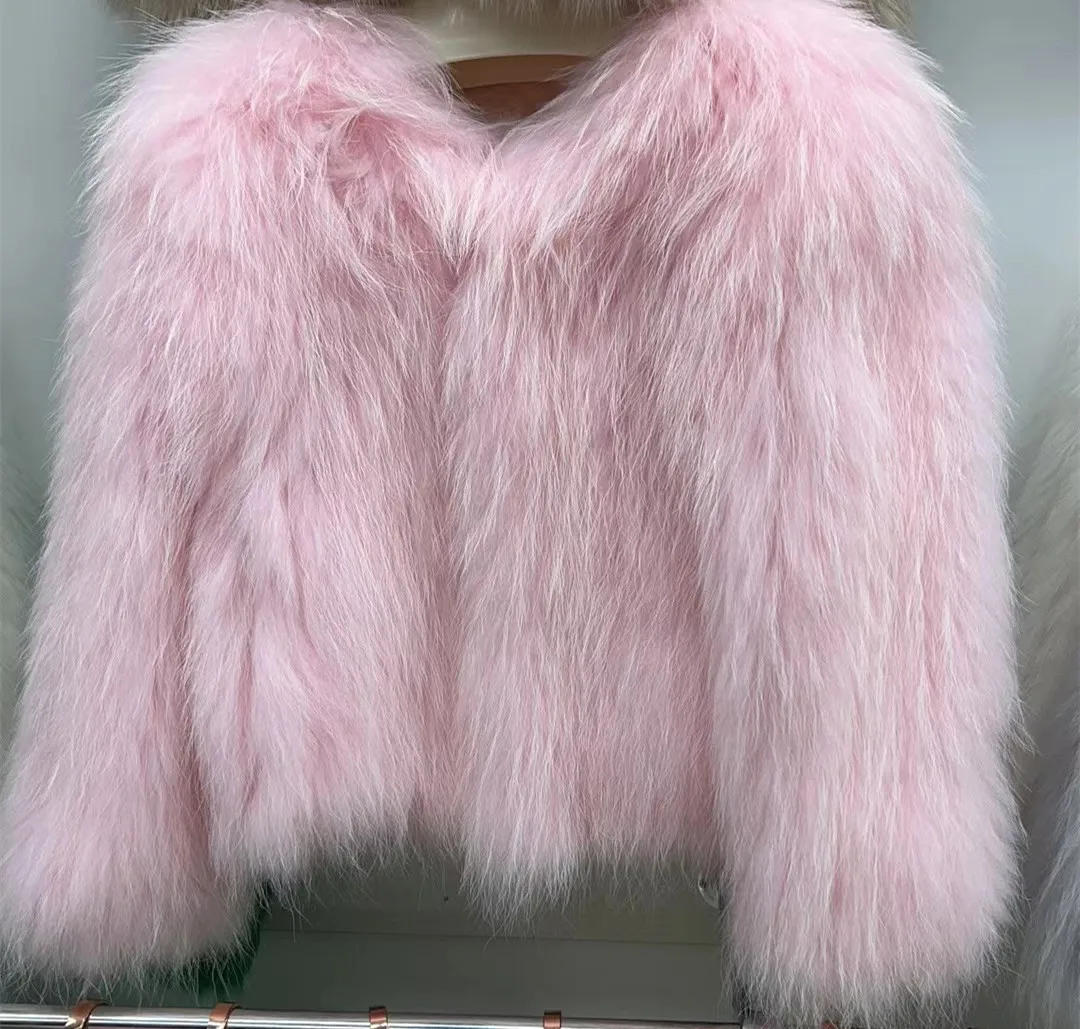 Furyoume Real Raccoon Fur Woven Coat for Women Short Fur Jacket Long Sleeve V-Neck Fashion New Style Autumn and Winter