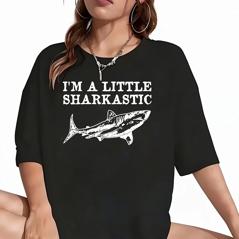 I'm a Little Sharkastic Women's T-Shirt Funny Graphic Short Sleeve Tee Novelty Shirt Casual Crew Neck Top 100% Cotton S-5XL