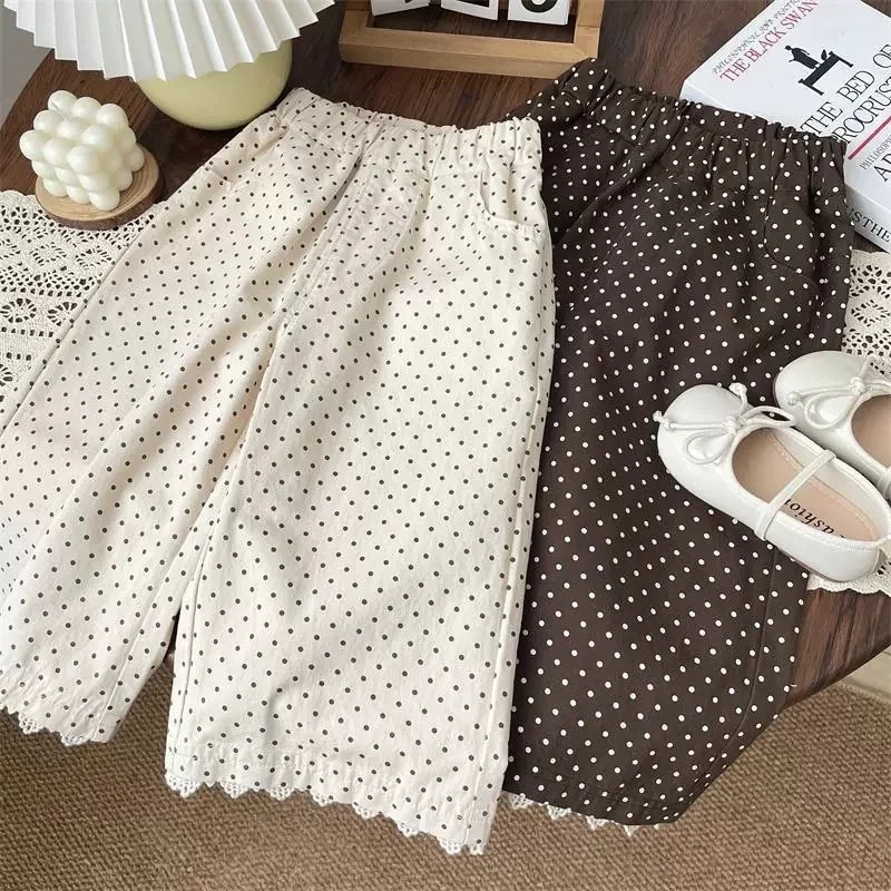 

Girl 2026 Spring Japanese and Korean Lace Lace Wave Dot Straight Tube Casual Pants High Quality Children's Clothing Gift