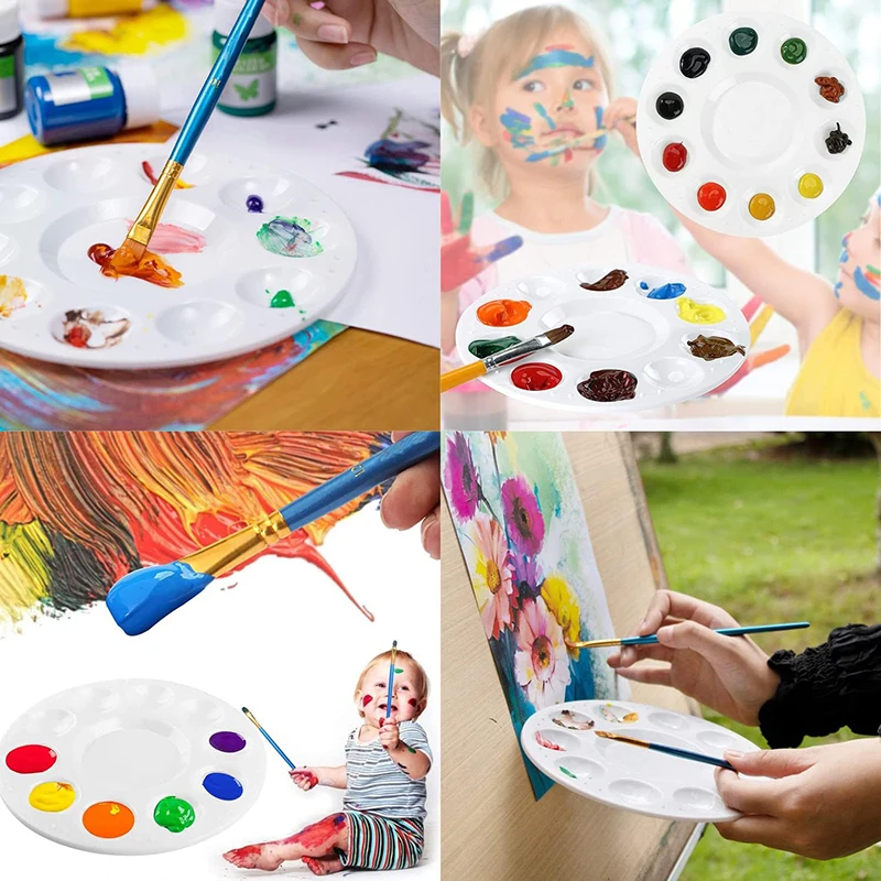 1/2/3Pcs Plastic Round Palette Painting Palette with 10 Wells and 1 Central Reservoir Paint Tray Palettes Oil Paint Palette Set