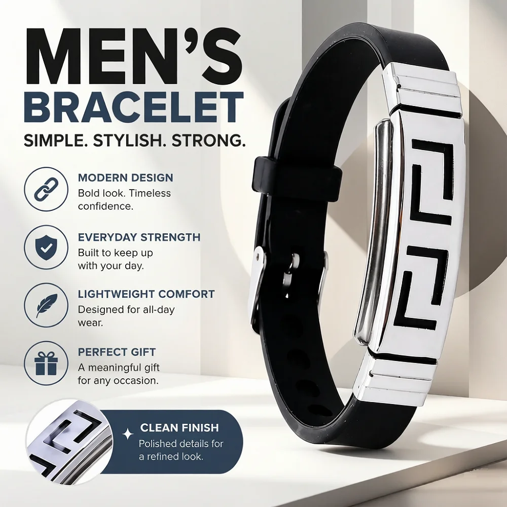 Men's Punk Cuban Link Bracelet, Stainless Steel & PU Leather Cuff, Silver & Gold Two-Tone, Polished Metal, Adjustable Buckle