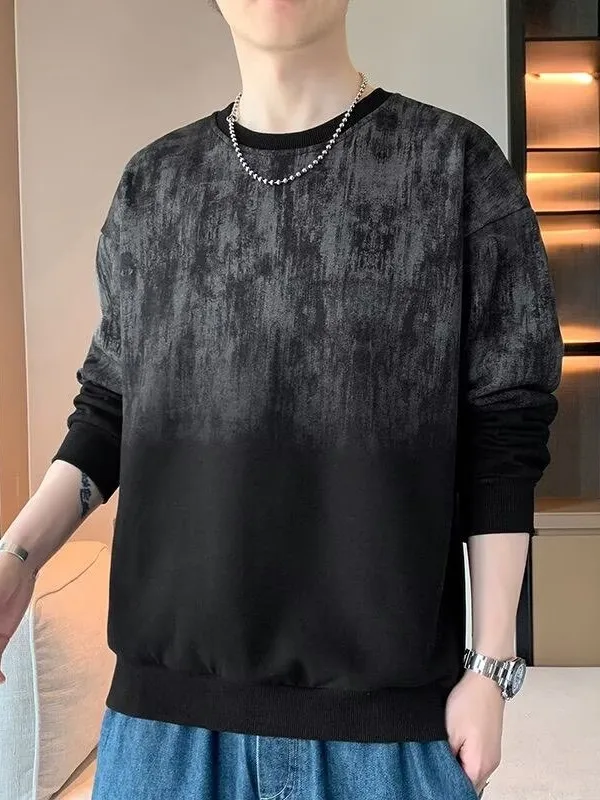 Washed Gradual Print Heavy Long Sleeve round Neck American Trendy Brand Loose Men's Sweatshirt Spring Autumn New Style T-shirt