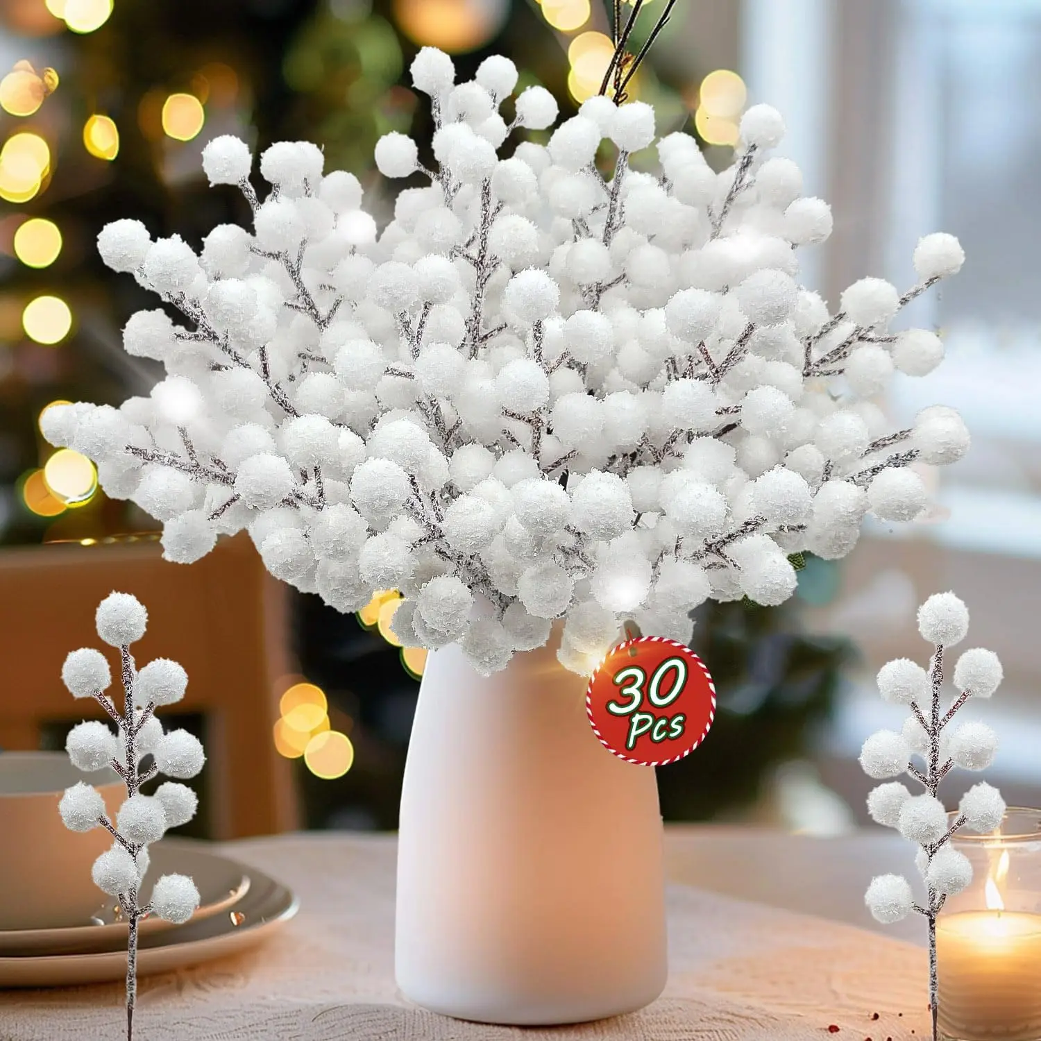 

30 шт. 8,7-дюймовые искусственные стебли холдин-ягод с 360-ягодками для рождественской елки, венков своими руками, праздничного декора (белые)