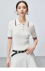 SENTUBILA Pullover lavorato a maglia sottile bianco 2024 Maglieria femminile estiva Top in maglia a maniche corte con impiombatura a contrasto per donna W42H55065