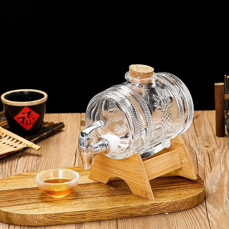 1L Glass Whiskey Barrel Wine Barrel Beer Bottle Fruit Aging Alcohol Honey Storage Container With Base Faucet Barware