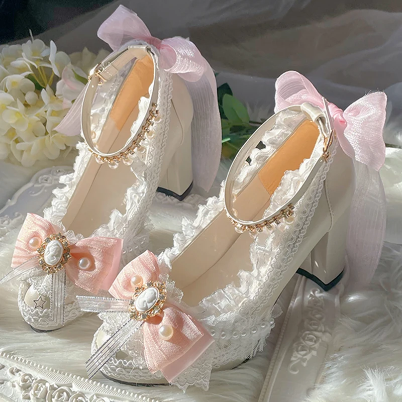 Japanese Sweet Lolita Chunky Heel round Toe High Heels Handmade Lo Shoes