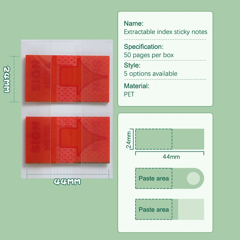 Pestañas de índice transparentes de extracto empaquetadas en caja, notas adhesivas para mascotas, marcador de página, planificador, pegatinas de clasificación, suministros de oficina, 50 hojas