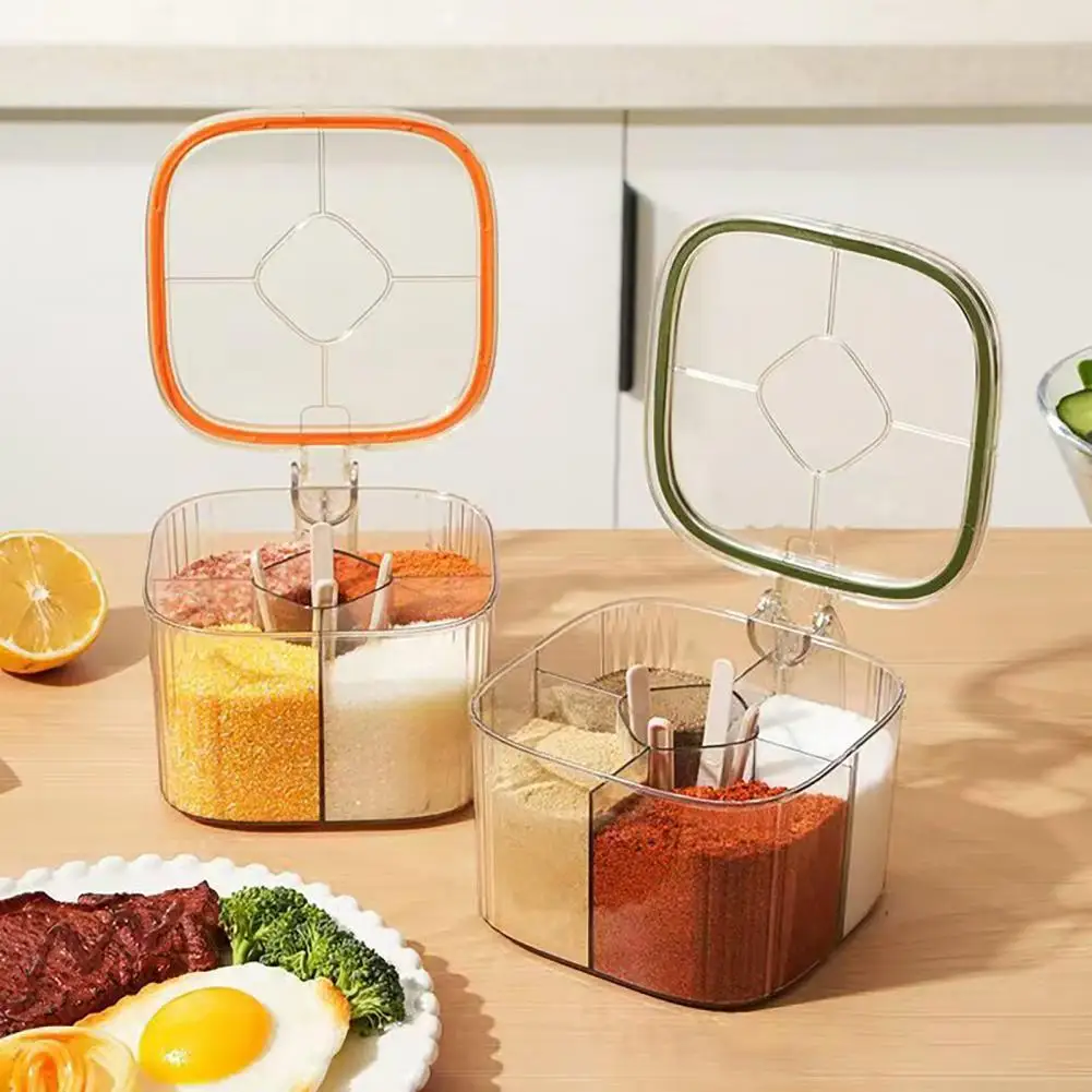 New 4 Grids Transparent Seasoning Box Multi Grid Multi-function Seasoning Jar Storage Jar Glutamate Pepper Storage Container