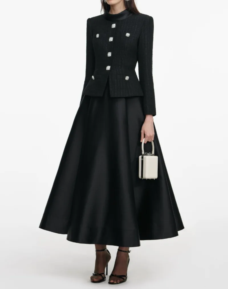 فستان نسائي أسود من التويد بأكمام طويلة ورقبة دائرية عتيق أنيق من فيستدوس ضيق عالي الخصر ملابس أنيقة للسيدات