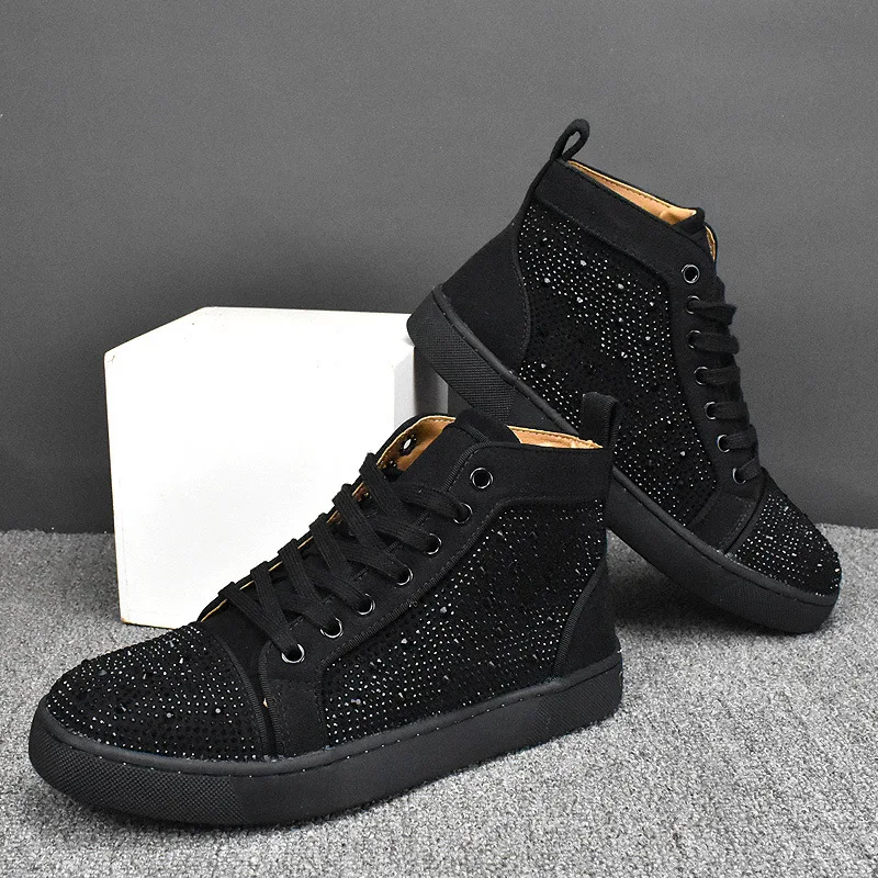 

England style men's fashion cow suede leather boots designer rhinestone shoes stage nightclub cowboy flat platform ankle botas