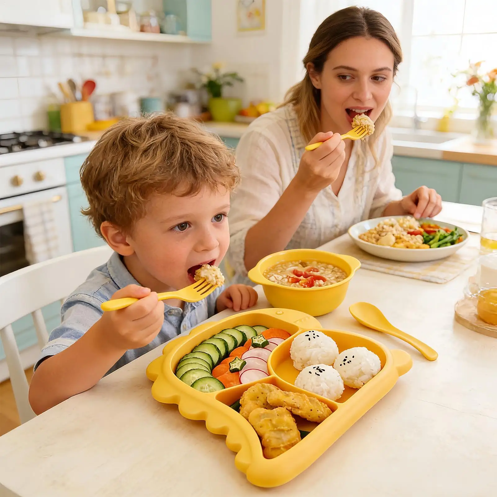 

Детский силиконовый набор посуды с разделителями: тарелка, миска, ложка, вилка, с рисунком динозавра, для мальчиков и девочек