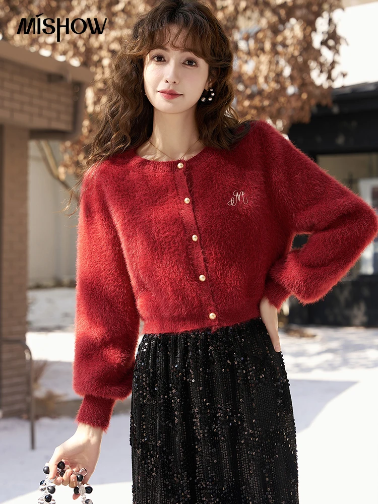 MISHOW Red Sweater Cardigan Women Winter Loose Knitted Jacket Jumpers Office Lady Crop Lazy Style Imitation Mink Top MXC58Z0294