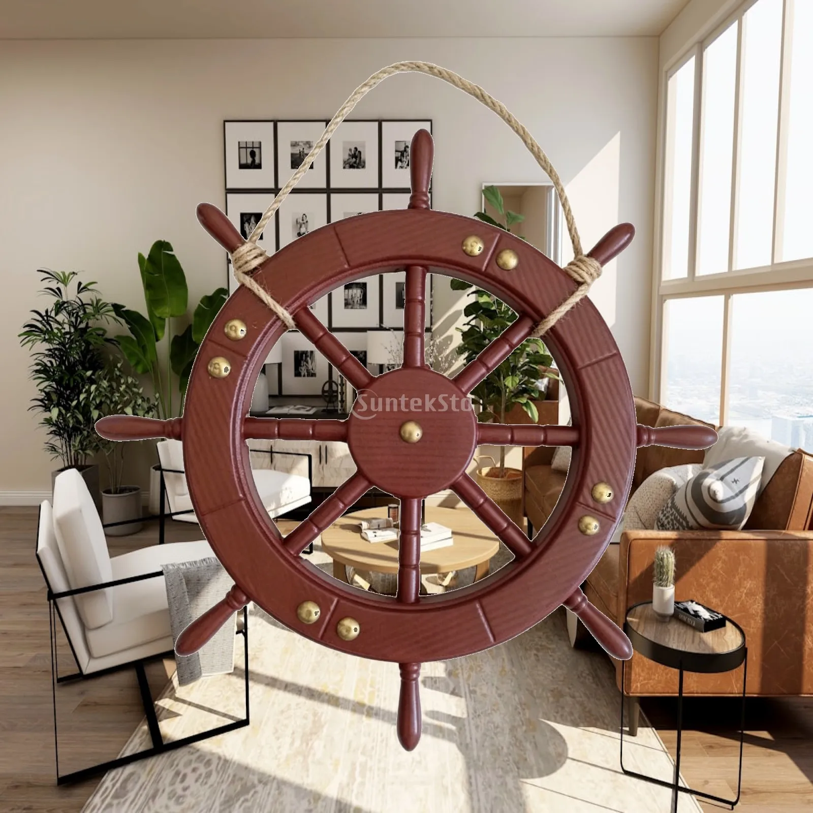 Ship Wheel Ornament Rustic Hemp Rope Wall Decor Steering Wheel for Nautical Decorations Living Room