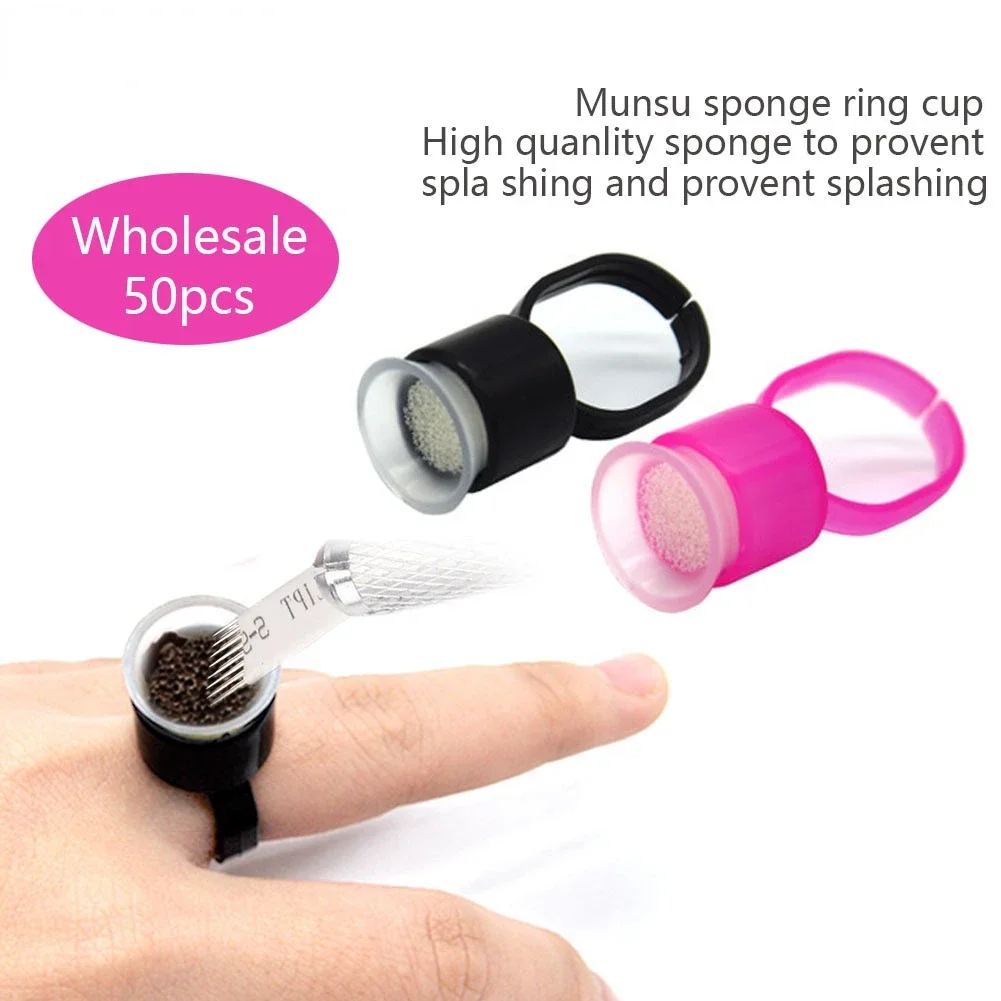 50Pcs Pink/Black Disposable Tattoo Pigment Ring Cups With Sponge Eyebrow Microblade Ink Caps Permanent Makeup Glue Holder Supply