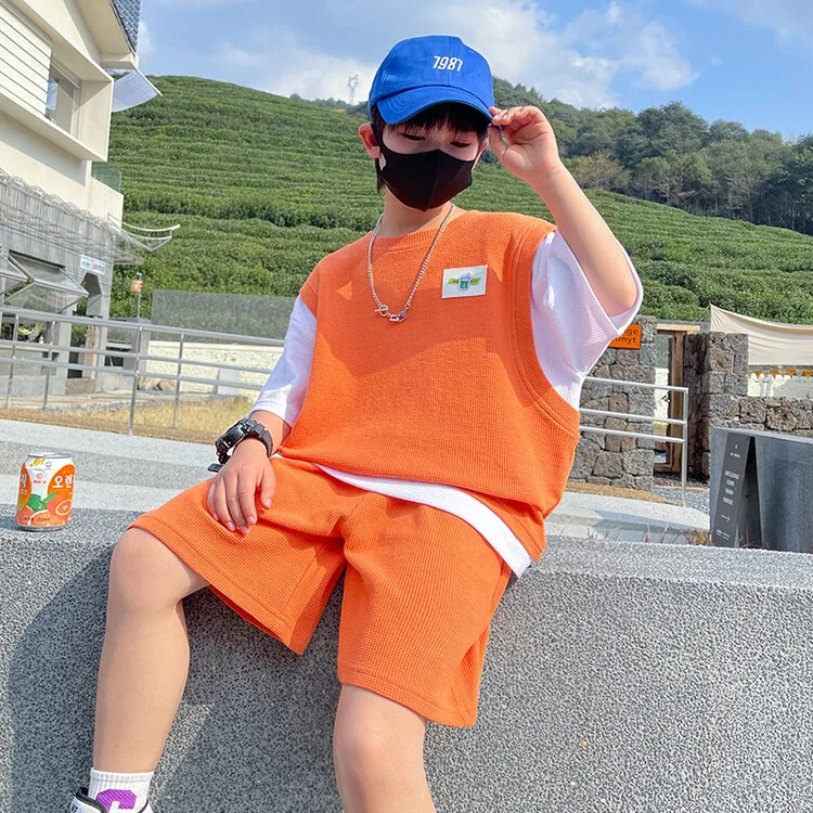 2026 new Boys' summer set, a two-piece waffle set for middle and large children, is stylish, fashionable, cool and trendy