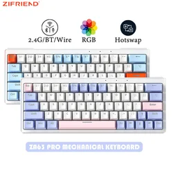 ZIFRIEND ZA63 PRO Teclado mecánico de 63 teclas con cable inalámbrico 3 modos Bluetooth 2,4G teclado para juegos personalizado RGB