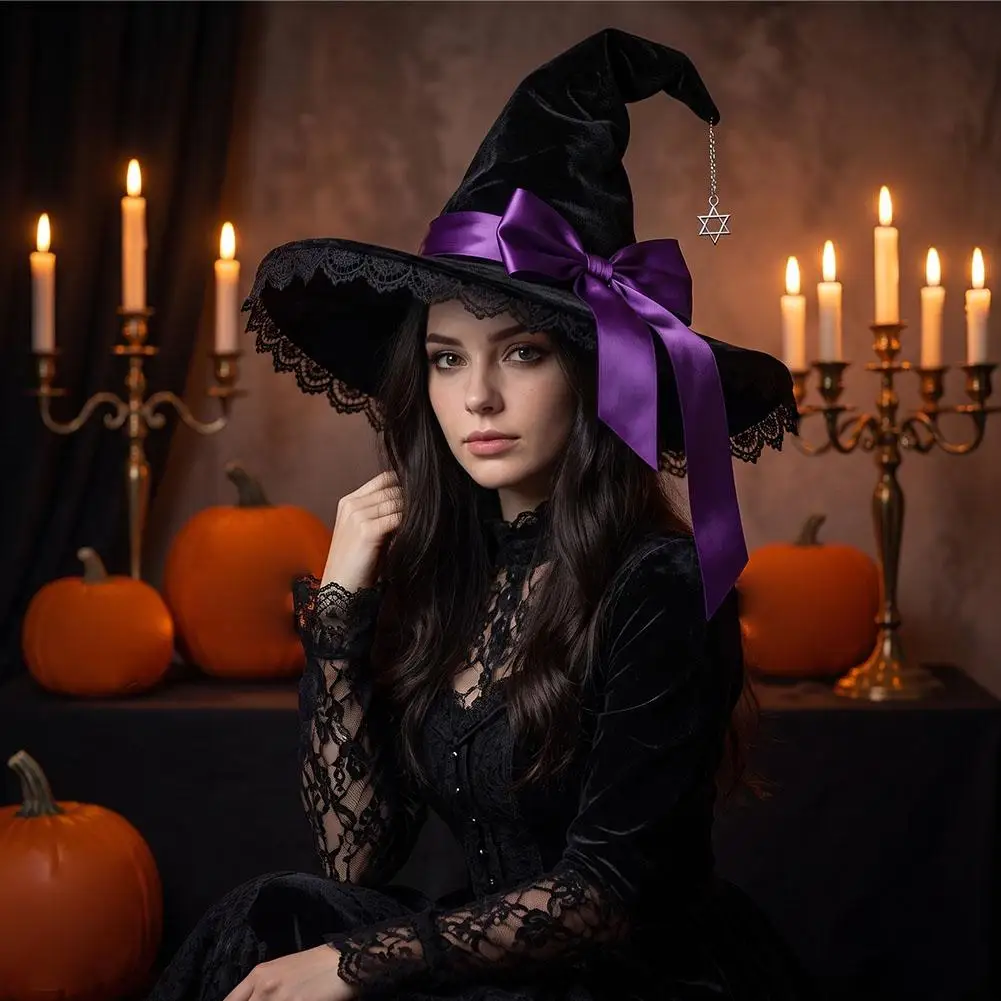 Gothic Velvet Witch Hat Lace Trim Satin Bow Decor Pointed Wizard Hat for Halloween Carnival Fancy Dress Cosplay Outfit Accessory