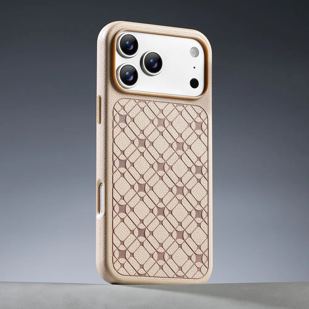 

Премиальный чехол для телефона из искусственной кожи с текстурой личи для iPhone 17 16 15 Pro Max, с 3D-гравировкой, противоударный защитный чехол