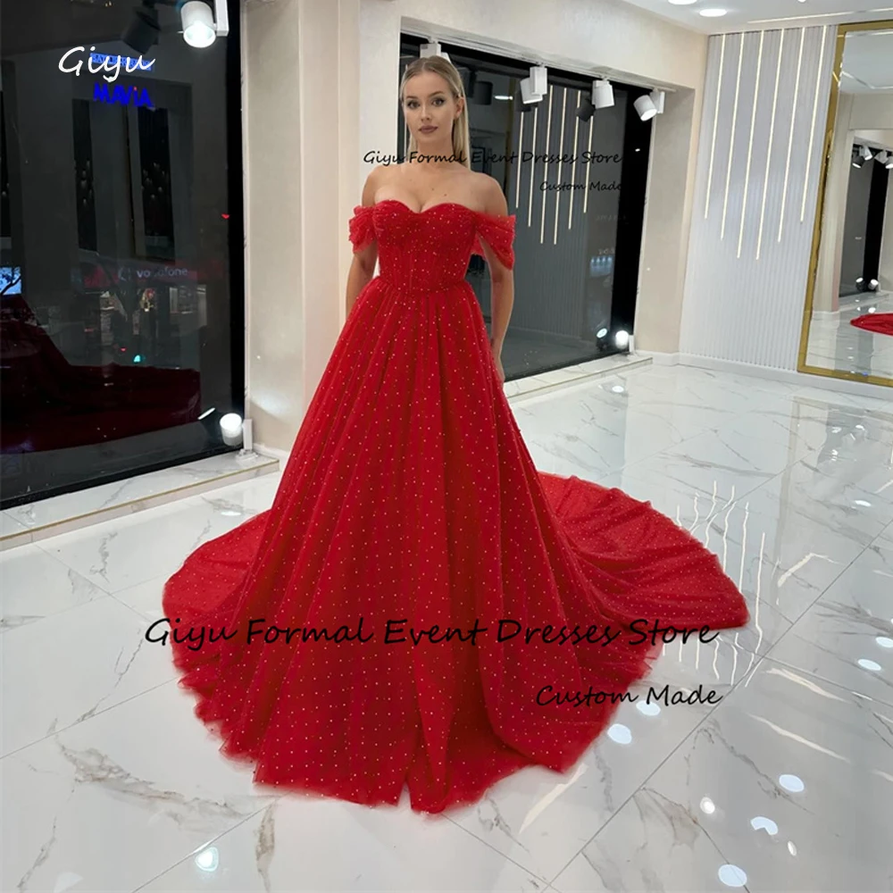 

Giyu Red Evening Dresses Off Shoulder Sweetheart Sweep Train Long Wedding Gowns Dubai Arabic Women Formal Occasion Dress