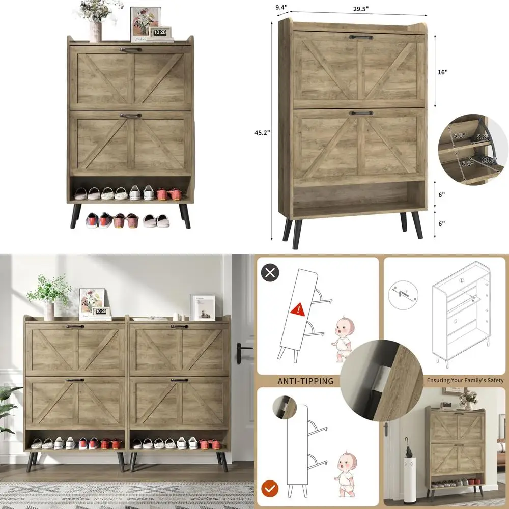 

Narrow Rustic Oak Shoe Cabinet with Flip Drawers and Wood Legs for Entryway Storage