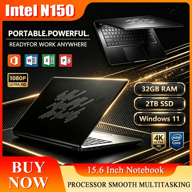 New 15.6'' Laptop Intel Core N150 32GB 2TB Gaming PC Ultra Slim Office Study Computer PC Windows 11 Pro 1920*1080 HD