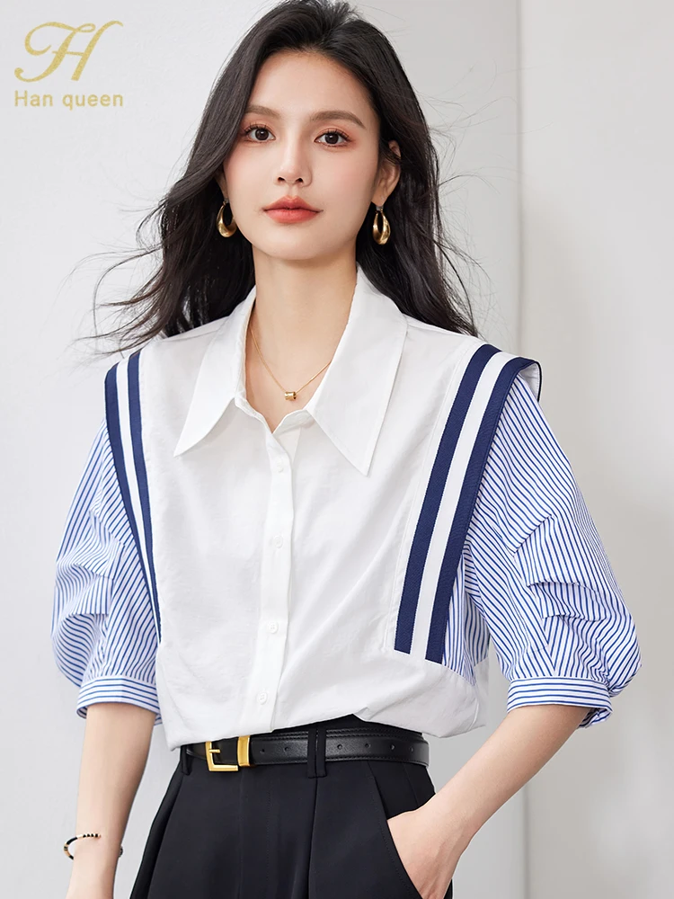 H Han Queen 2024 Summer Korean Women Colorblocking Stripes Vintage Tops Chiffon Short Sleeve Casual Office Shirts Elegant Blouse