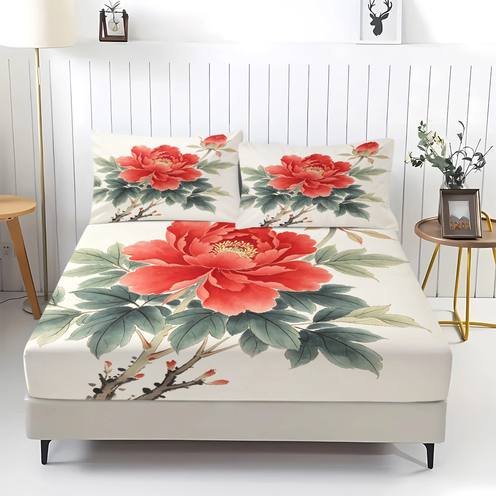 Chinese Ink‑wash Peony Fitted Sheet Set Oriental Floral Elastic Deep Pocket Bed Cover With Pillowcases Ink Painting Bedding Set