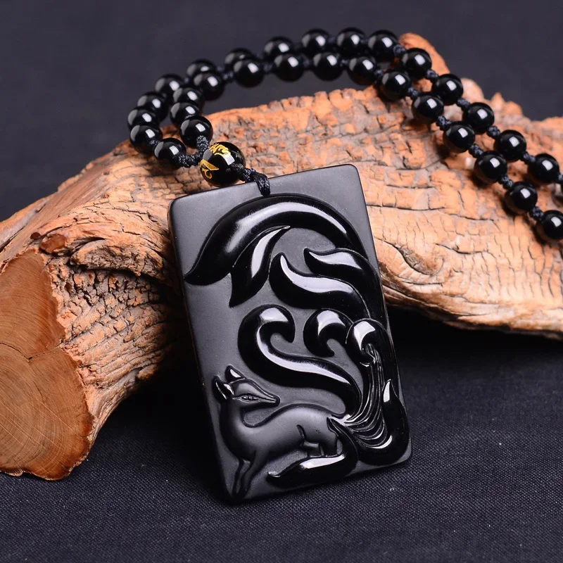 Jade Pendant Natural Obsidian Fox Pendant Necklace Jewelry Fine Jewelry Nine-tailed Fox Wangyuan Sweater chain Jewelry